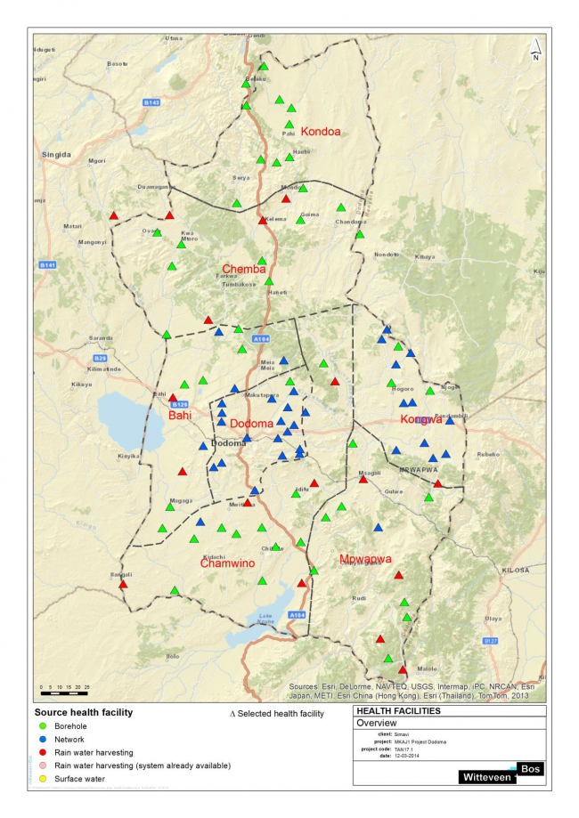 Dodoma water supply solutions map. Wiiteveen &amp; Bos