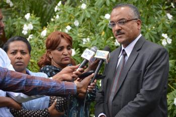 Ethiopian State Minister for Water and Irrigation, Kebede Gerba, speaks to journalists at the Water Integrity Forum