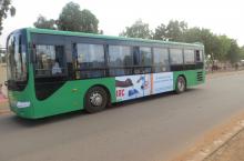 Bus in Burkina Faso with IRC election banner on it