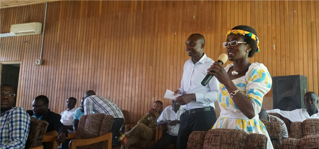 Yvonne Opoku Kwarteng, Secretary for Women`s Consultative Committee speaking during the EWI dissemination meeting in Asutifi North District